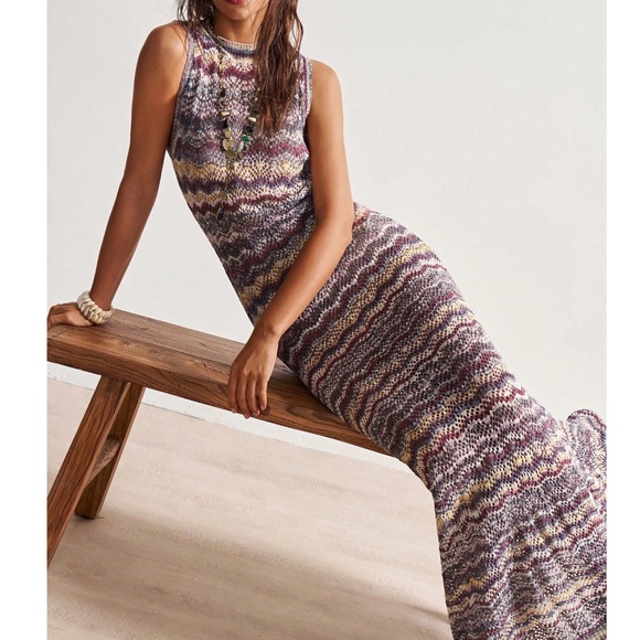 Boho Striped Color Block Knit Fitted Sleeveless Maxi Dress - Picture 1 of 6